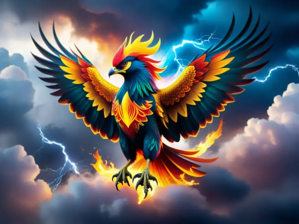 Una ilustración detallada y vibrante de un fénix majestuoso surcando un cielo tormentoso, con plumas de fuego encendiendo las nubes oscuras a su alrededor