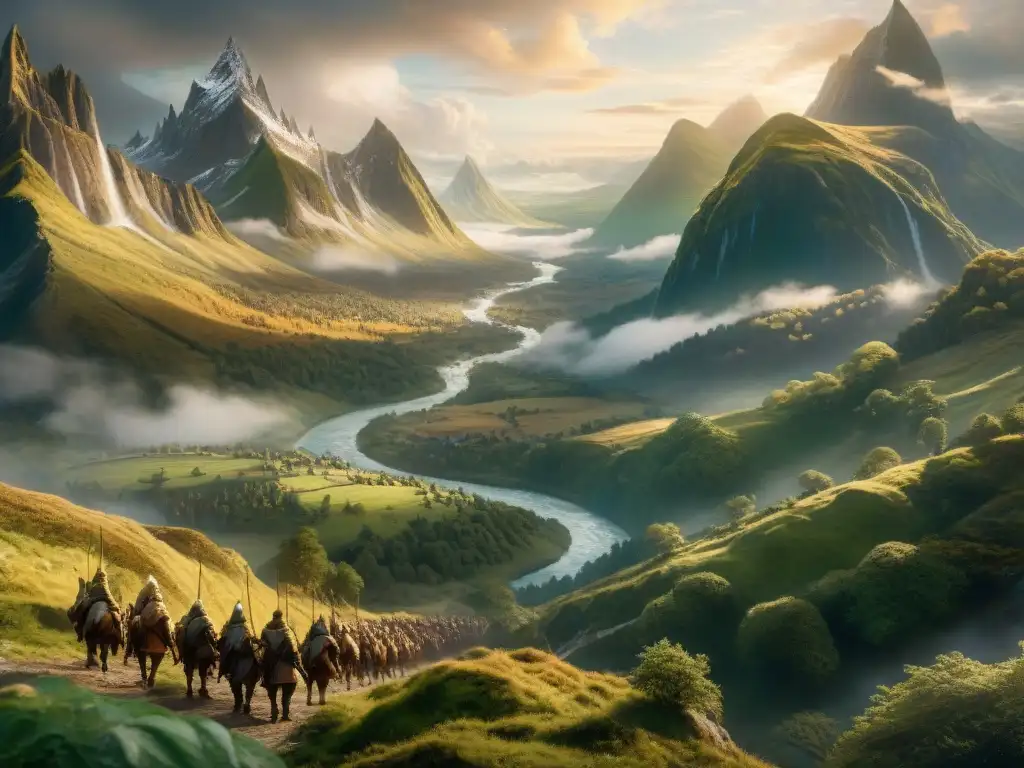 Una ilustración digital estilo cinematográfico detallada que muestra un mundo inmersivo y majestuoso, recordando la Tierra Media de Tolkien