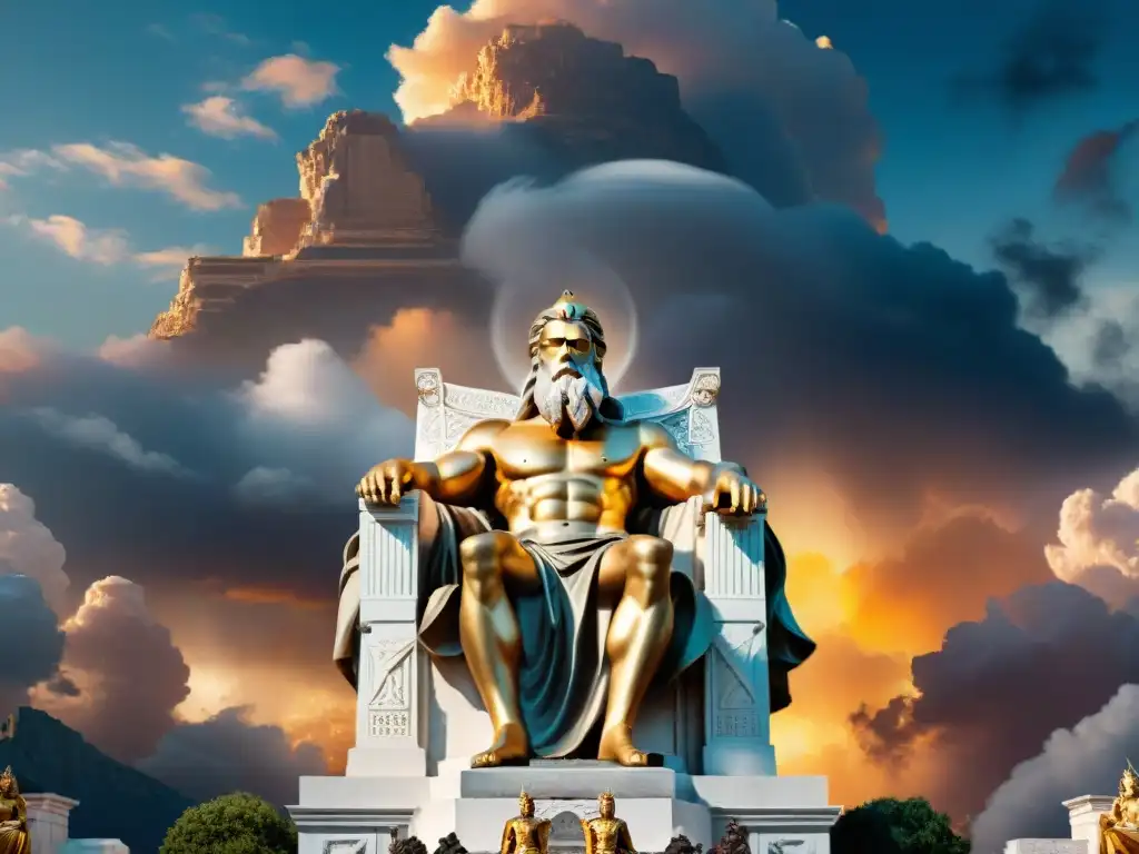 Imagen cinematográfica de Zeus, rey de los dioses en la mitología griega, sentado en su trono en el Monte Olimpo, rodeado de nubes y rayos