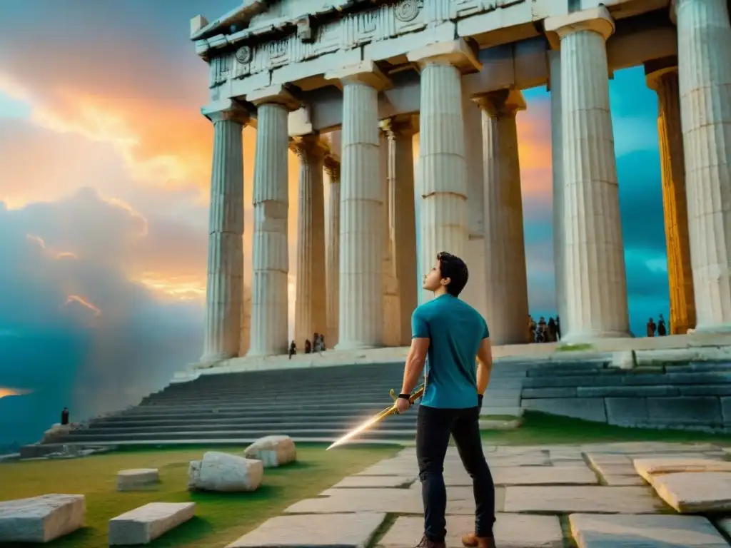 Imagen cinematográfica de Percy Jackson con espada de bronce celestial frente al Partenón en Atenas, con un cielo crepuscular y tormentoso