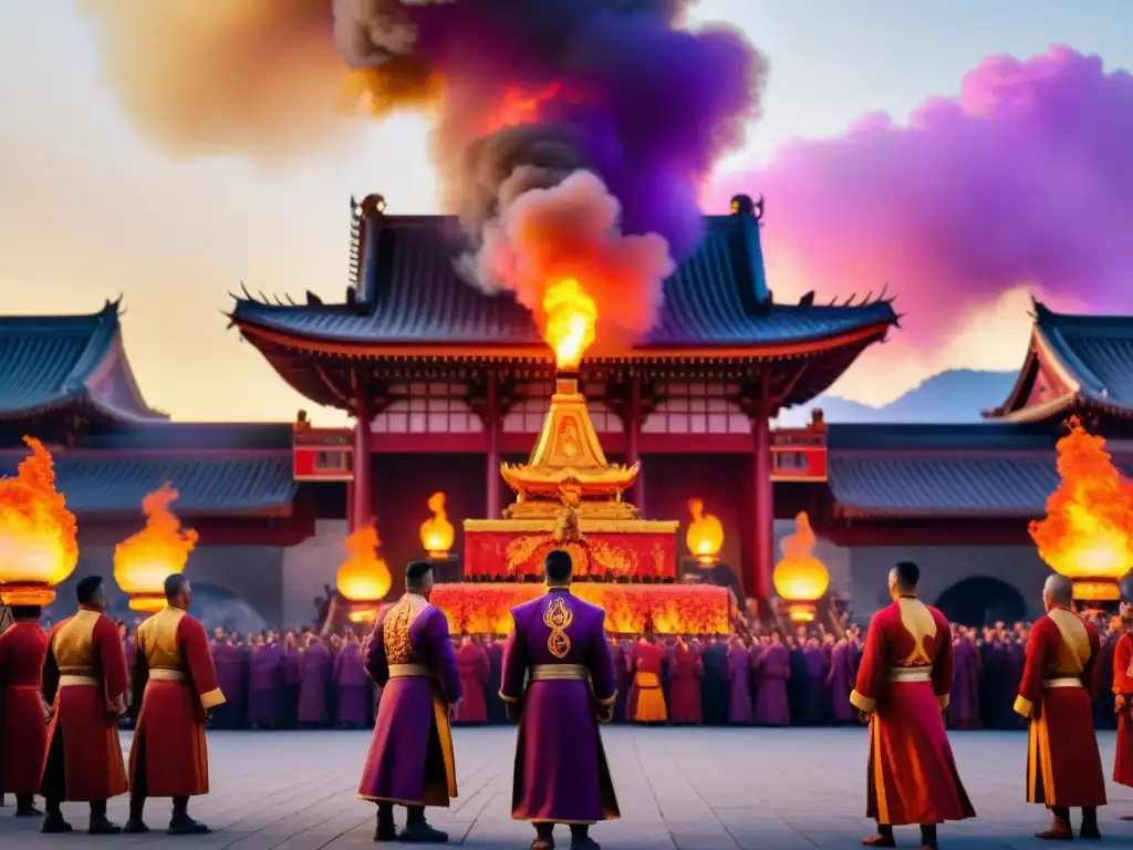 Una imagen cinematográfica impresionante de ciudadanos de la Nación del Fuego, reunidos alrededor de una fogata en un bullicioso mercado