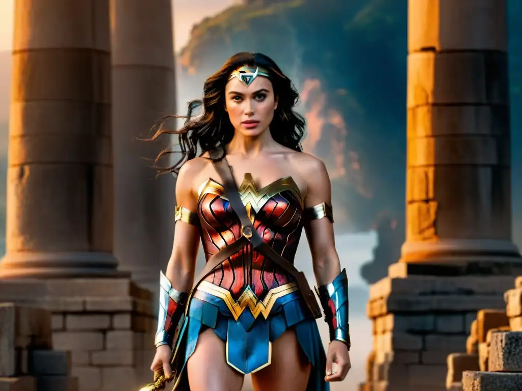 Una imagen cinematográfica de Wonder Woman en ruinas griegas, con su lazo dorado, simbolizando mitología y feminismo en Wonder Woman