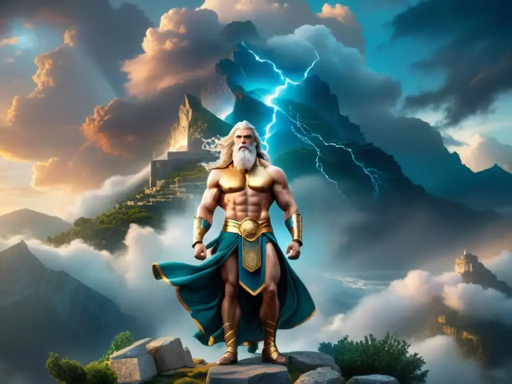 En la imagen, Zeus enfrenta criaturas míticas en el Monte Olimpo en una escena épica de adaptación mitológica para cine y televisión