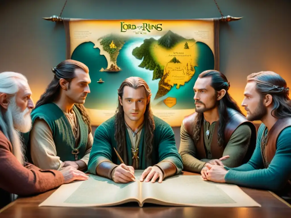 Una imagen detallada del Consejo de Elrond en 'El Señor de los Anillos', con Frodo, Gandalf, Aragorn, Legolas y Gimli reunidos alrededor de la icónica mesa con un mapa de la Tierra Media