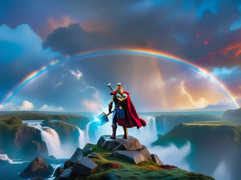 Imagen detallada de Bifrost, puente arcoíris de la Mitología Nórdica en Thor, custodiado por Heimdall en un escenario cósmico vibrante y majestuoso