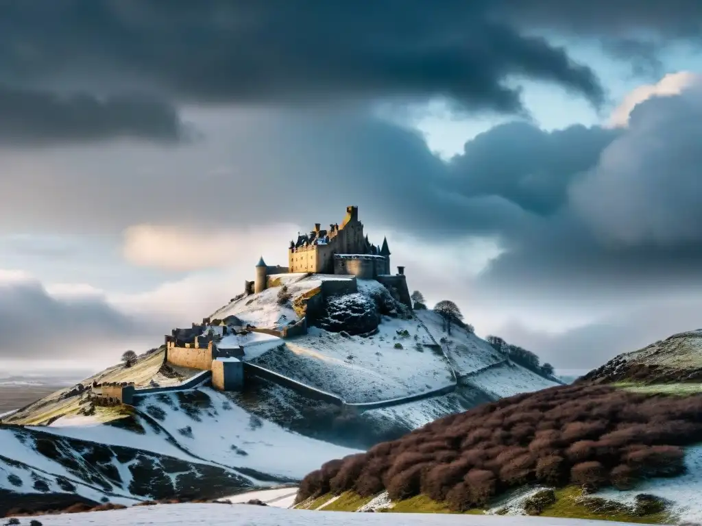 Imagen detallada de un paisaje nevado majestuoso, similar a Winterfell, con un cielo dramático y tormentoso