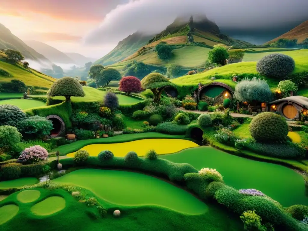 Imagen detallada de un paisaje verde que evoca la vida hobbit, con colinas, casas coloridas y un río sereno