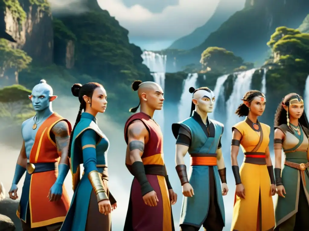 Una imagen en 8k detallada de diversos personajes de 'Avatar: La Leyenda de Aang' unidos en armonía, representando la diversidad en Avatar el aire