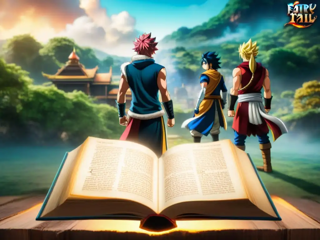 Una imagen detallada de personajes de Fairy Tail explorando un libro místico, iluminados por un resplandor etéreo