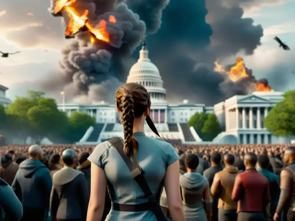 Imagen dramática de Los Juegos del Hambre: Katniss desafiante ante el Capitolio, rebeldes alzando el saludo, conflicto palpable