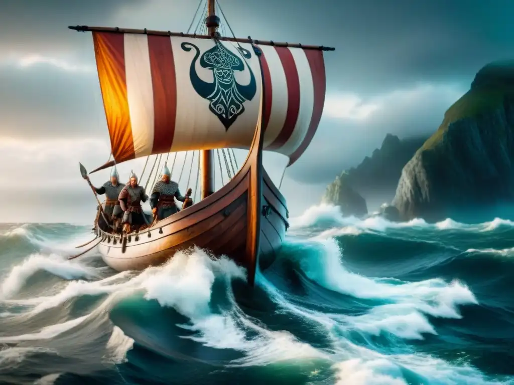 Una imagen épica de un barco vikingo navegando en mares turbulentos con guerreros y escudos nórdicos, rodeado de acantilados brumosos