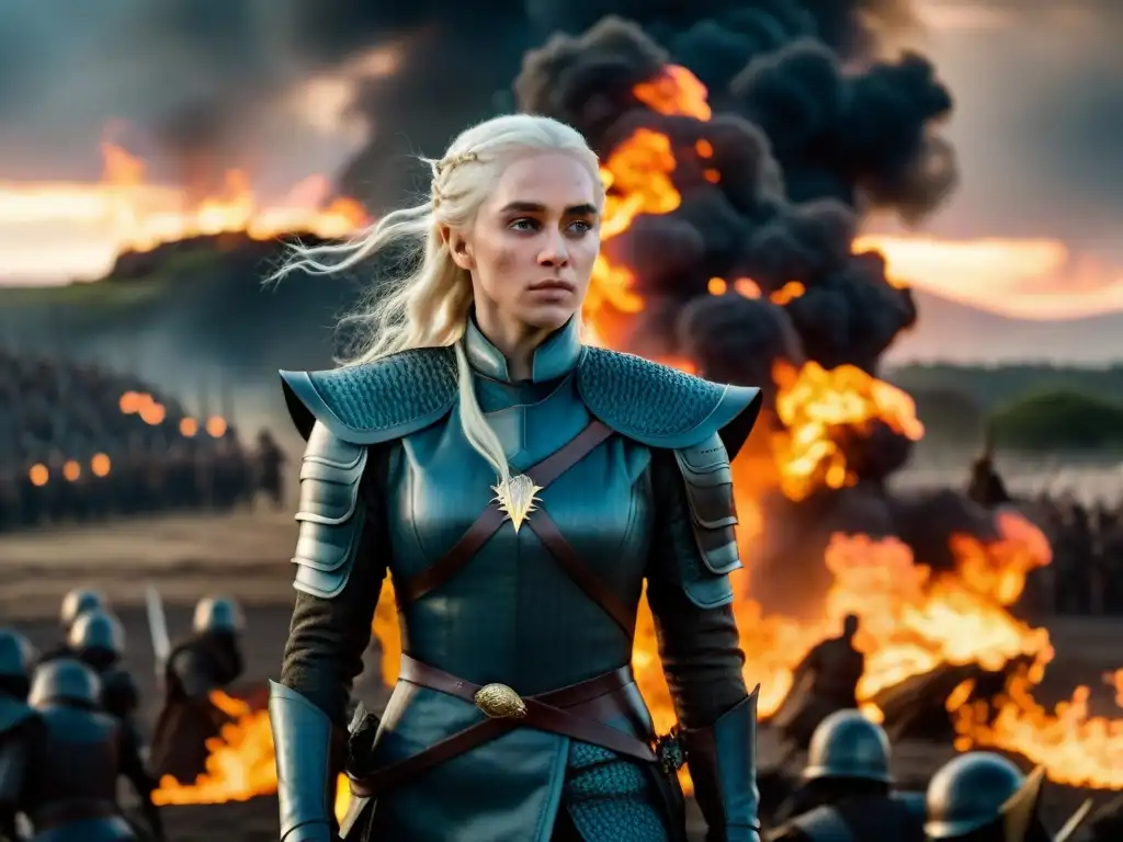 Imagen épica de Daenerys Targaryen liderando su ejército en tiempos de guerra, demostrando liderazgo femenino