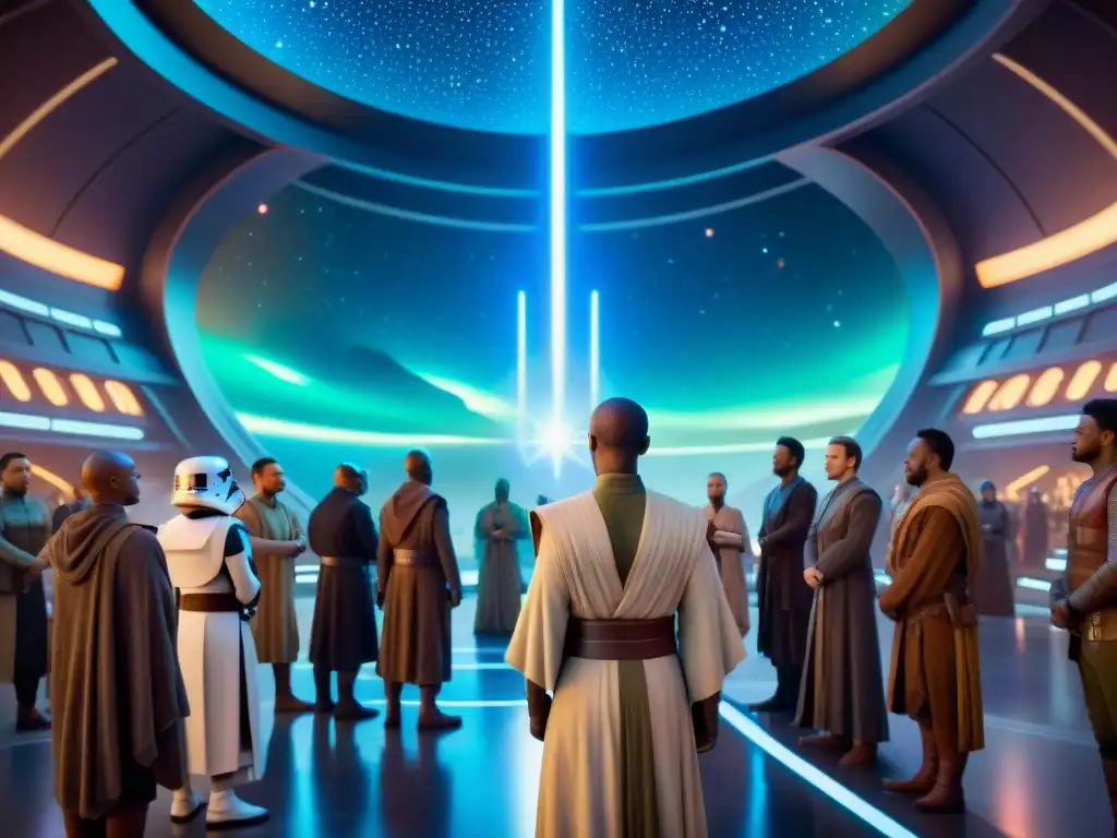 Una imagen épica de diversidad cultural y la influencia del Credo Jedi en diferentes galaxias