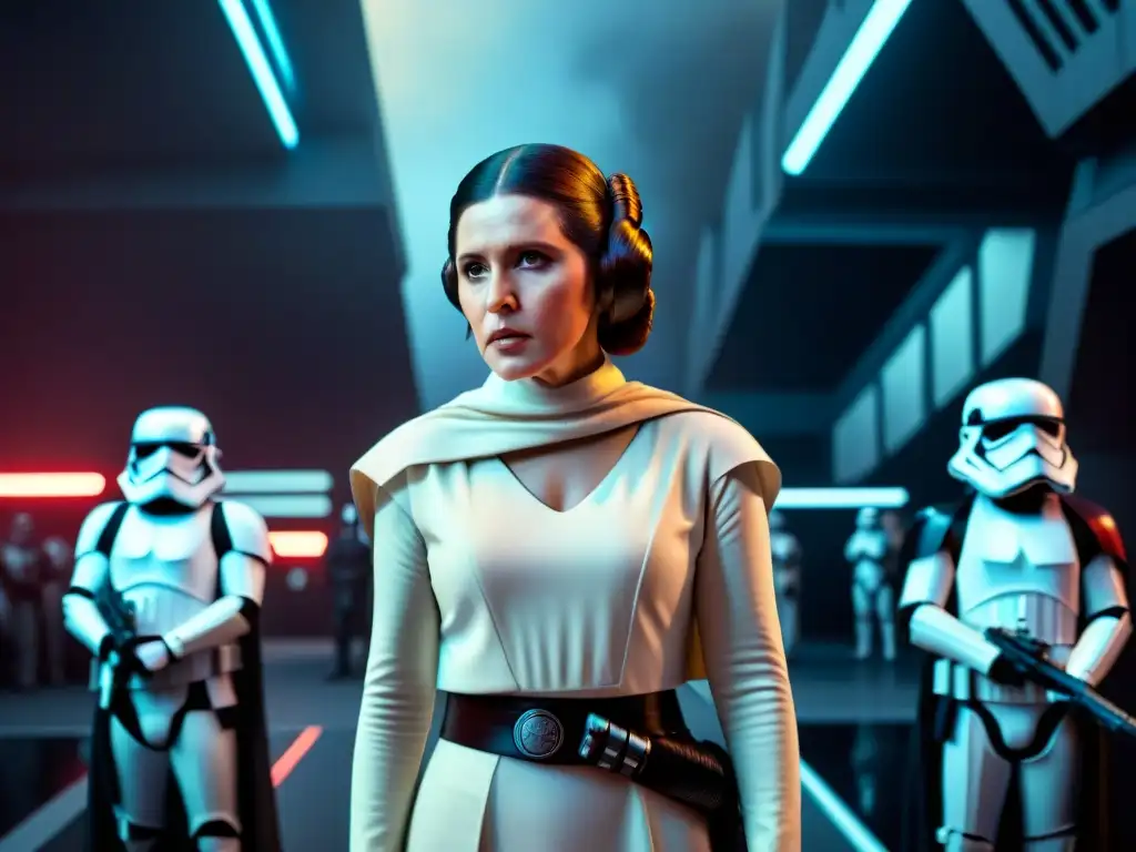 Imagen épica de liderazgo en Star Wars: la determinación de la Princesa Leia frente a la oscuridad de Darth Vader y sus stormtroopers