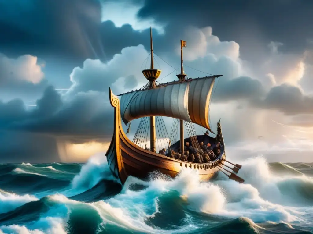 Una imagen épica de una majestuosa nave vikinga surcando un mar tormentoso bajo un cielo dramático, con guerreros valientes a bordo