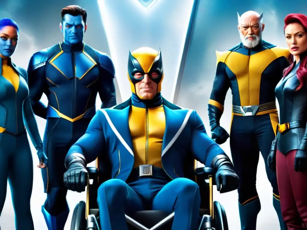 Imagen épica de los XMen: Profesor X rodeado de mutantes en silla de ruedas, expresiones intensas