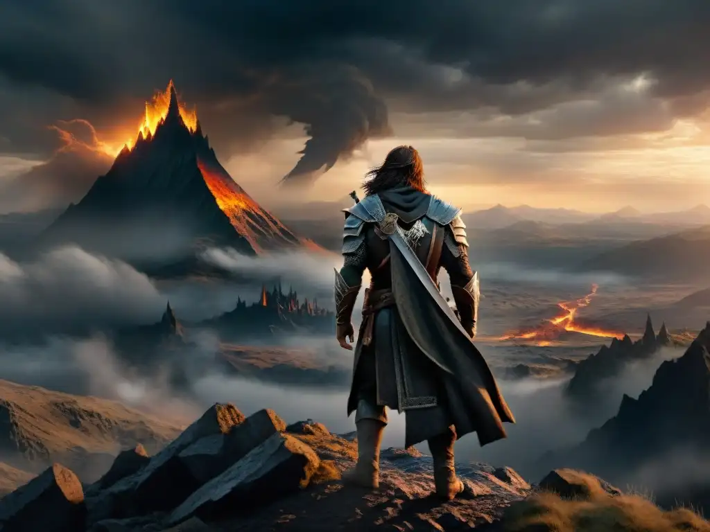 La imagen muestra a Talion en un escenario épico en Mordor, con Mount Doom en el horizonte