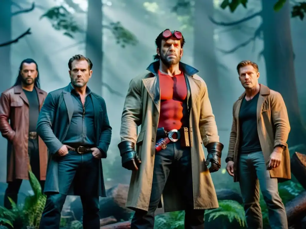 La imagen muestra a Hellboy junto a cazadores paranormales como Van Helsing, Sam y Dean Winchester, y los Cazafantasmas en un bosque neblinoso