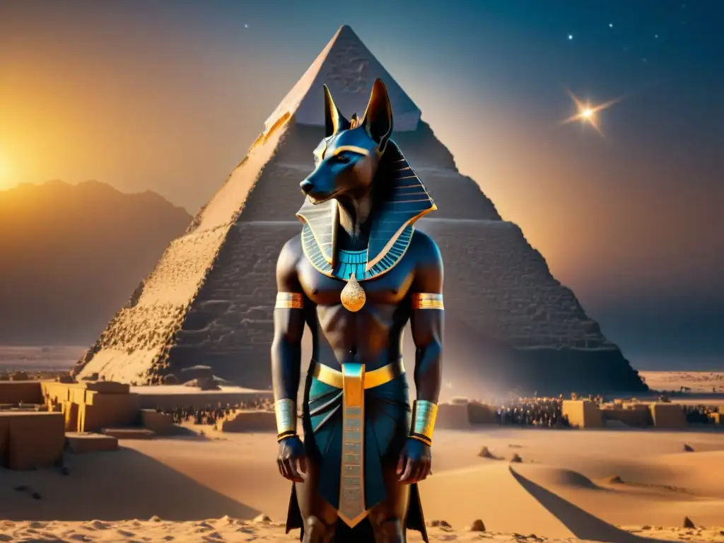 Imagen impactante de Anubis, dios egipcio, en un estilo cinematográfico moderno con jeroglíficos dorados, mostrando su aura de misterio y poder