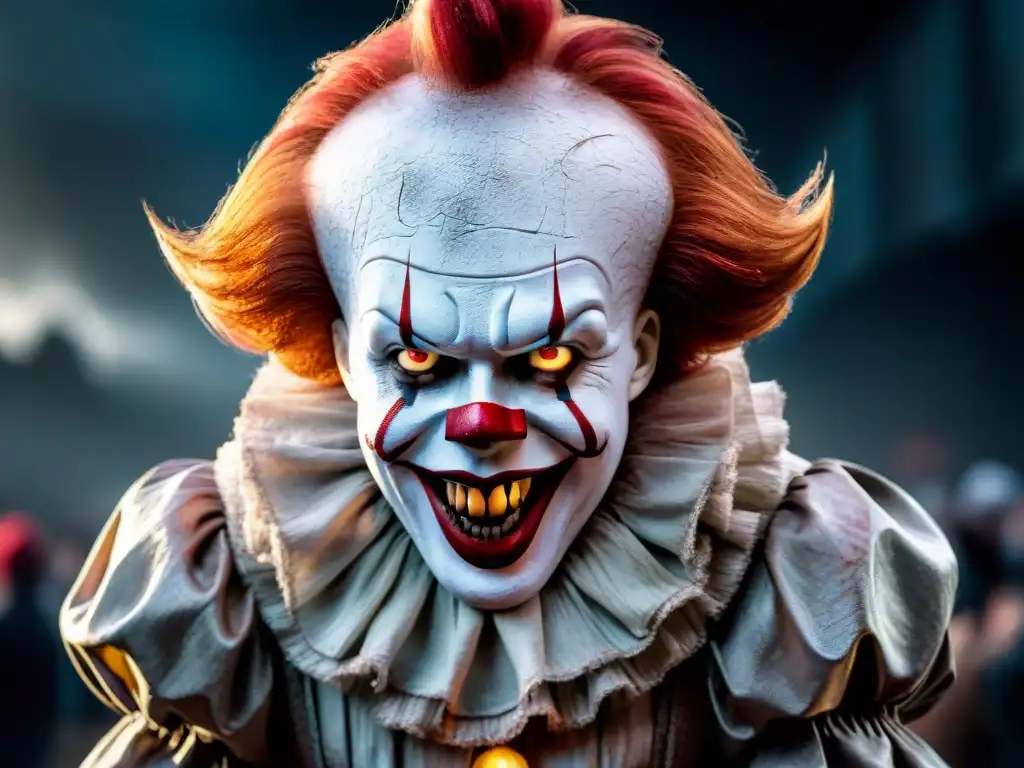 Pennywise el Payaso Bailarín: Detalle aterrador Una imagen impactante de Pennywise el Payaso Bailarín de la película 'IT', con su sonrisa siniestra y ojos amenazantes mirando fijamente al espectador