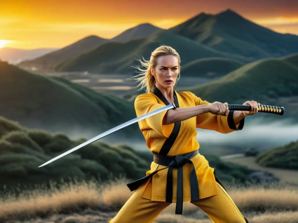 Imagen impactante de Uma Thurman como La Novia en Kill Bill, con atuendo samurái y katana, fusionando cultura samurái en cine occidental