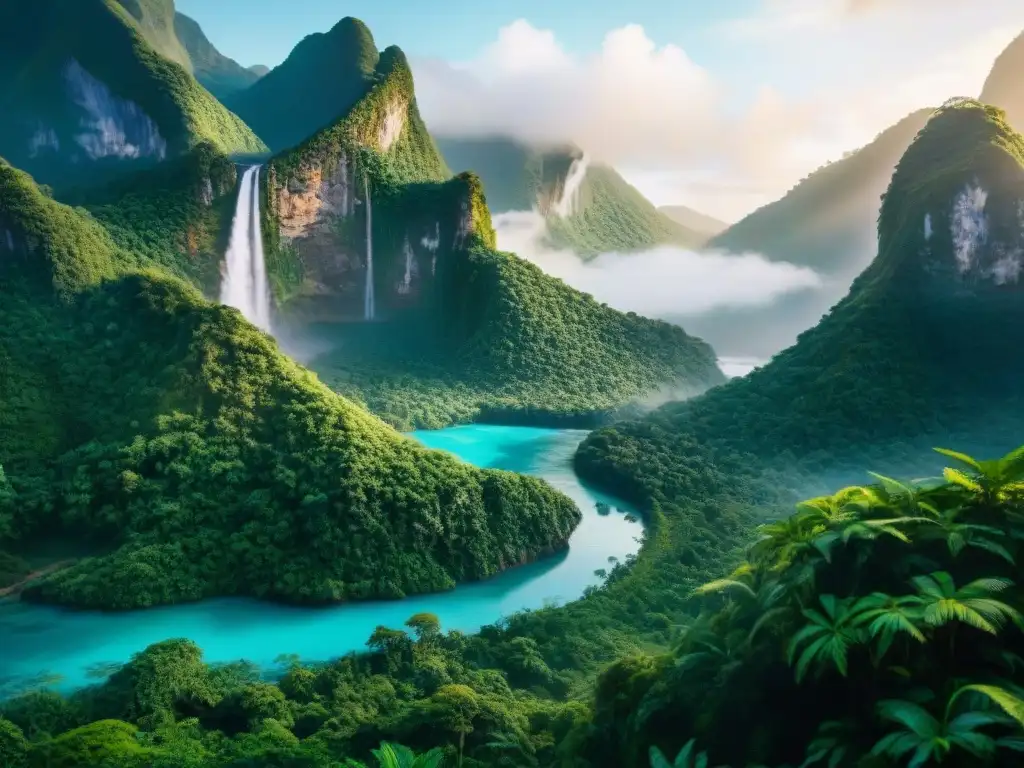 Imagen de una isla ficticia en películas: paraíso tropical con acantilados, selva exuberante y cascadas majestuosas al atardecer