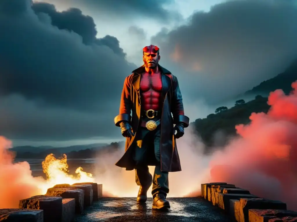 Imagen mística de Hellboy en la encrucijada, con su mano de piedra brillando, entre nieblas y sombras, en el crepúsculo