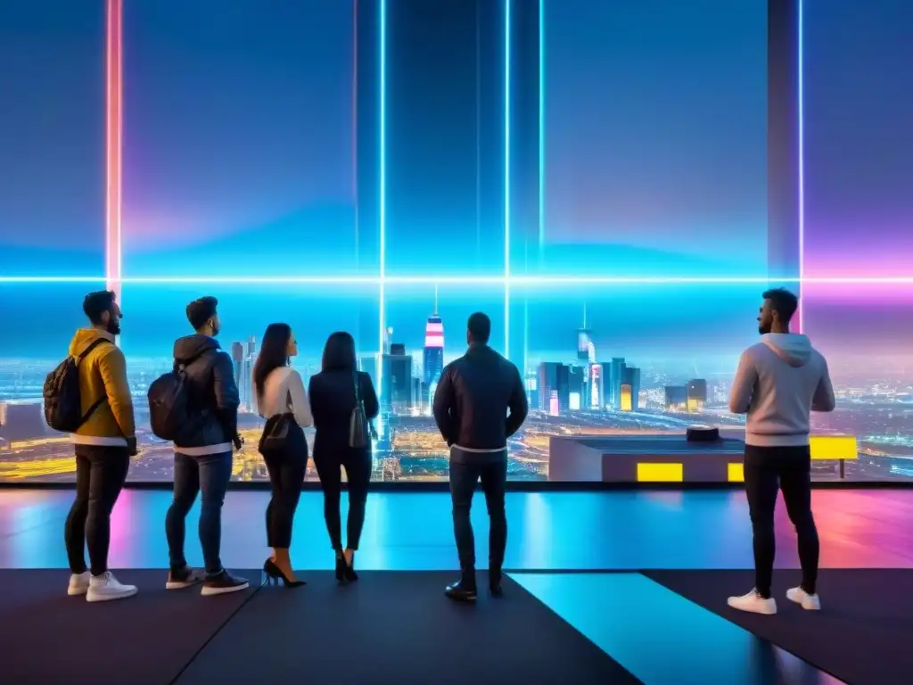 Impactante ciudad futurista de noche con hologramas y tecnología, evocando escenas de 'Black Mirror'