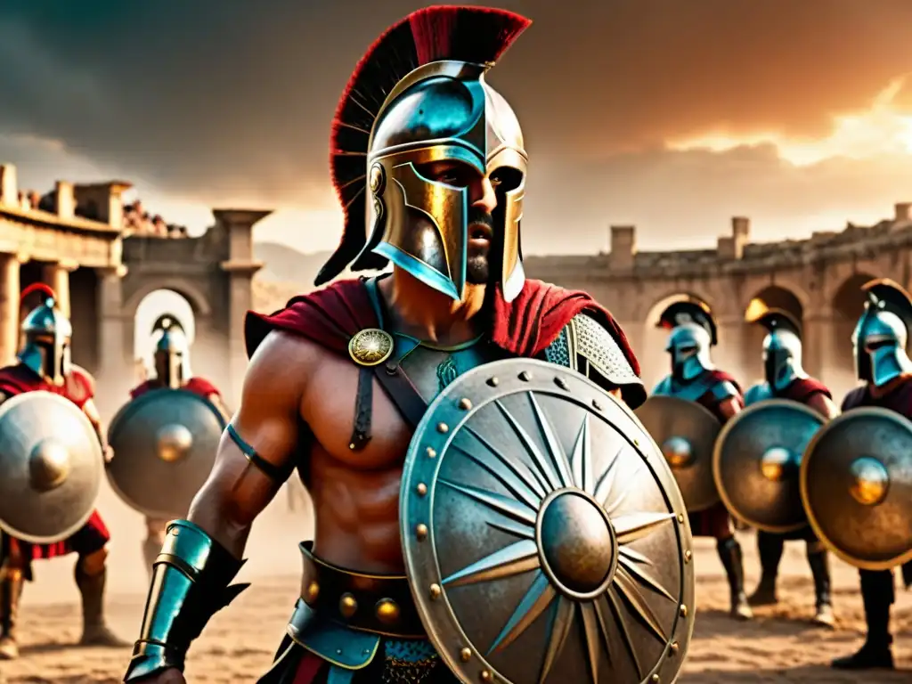 Impactante comparativa mitología guerrera en ficción: gladiador enfrentando a espartanos en un épico duelo cinematográfico