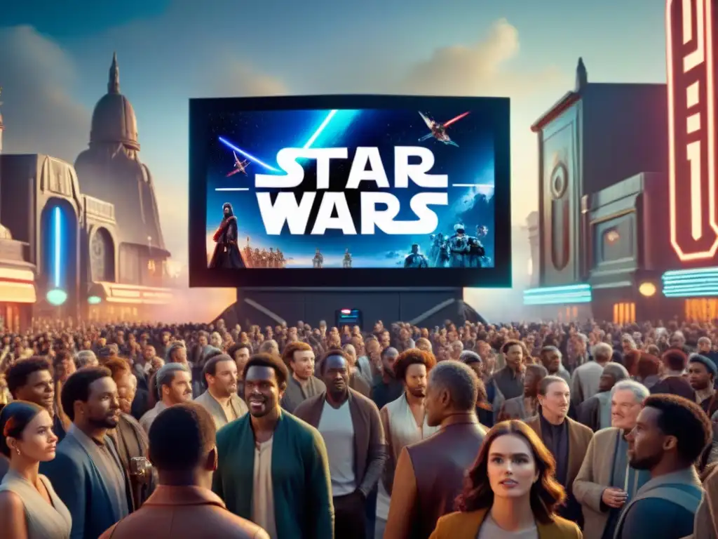 Impacto cultural de Star Wars: Una multitud diversa en una plaza nocturna, hipnotizada por una escena clásica en pantalla gigante