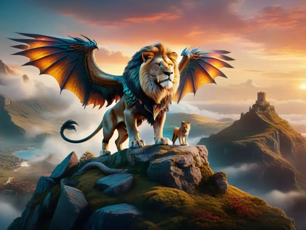 Impacto emocional criaturas literatura: Una criatura mítica majestuosa en un paisaje mágico, con escamas relucientes y ojos brillantes