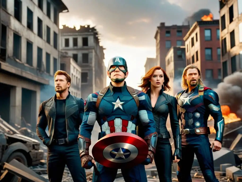 Impacto de superhéroes en la cultura global: Los Avengers unidos en pose heroica tras ganar una batalla en la ciudad