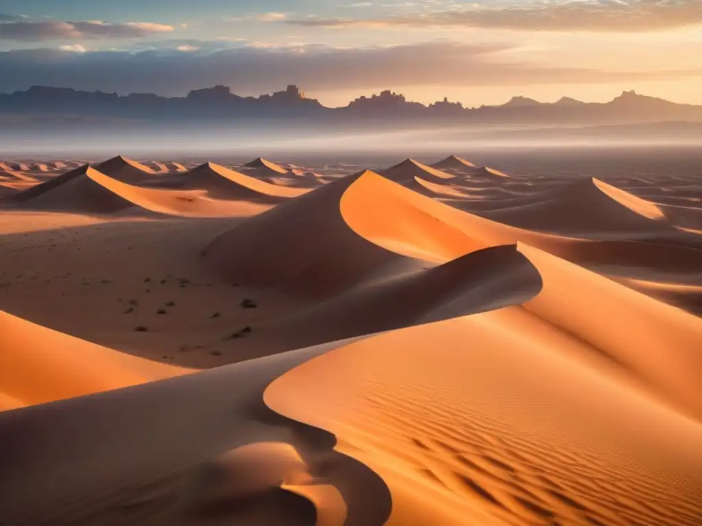 Un imperio en el desierto: ciudad misteriosa entre dunas, bajo un cielo naranja al atardecer