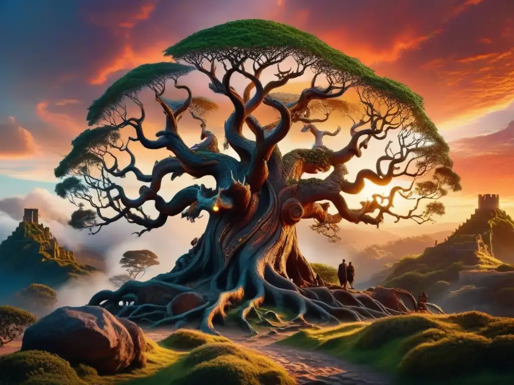 Imponente árbol ancestral con raíces retorcidas y ramas al cielo en un atardecer de colores vibrantes, tallados de mitología en Juego de Tronos