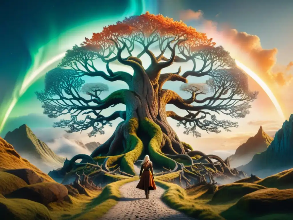 Imponente ilustración de Yggdrasil, el Árbol del Mundo, con escenas de la mitología nórdica