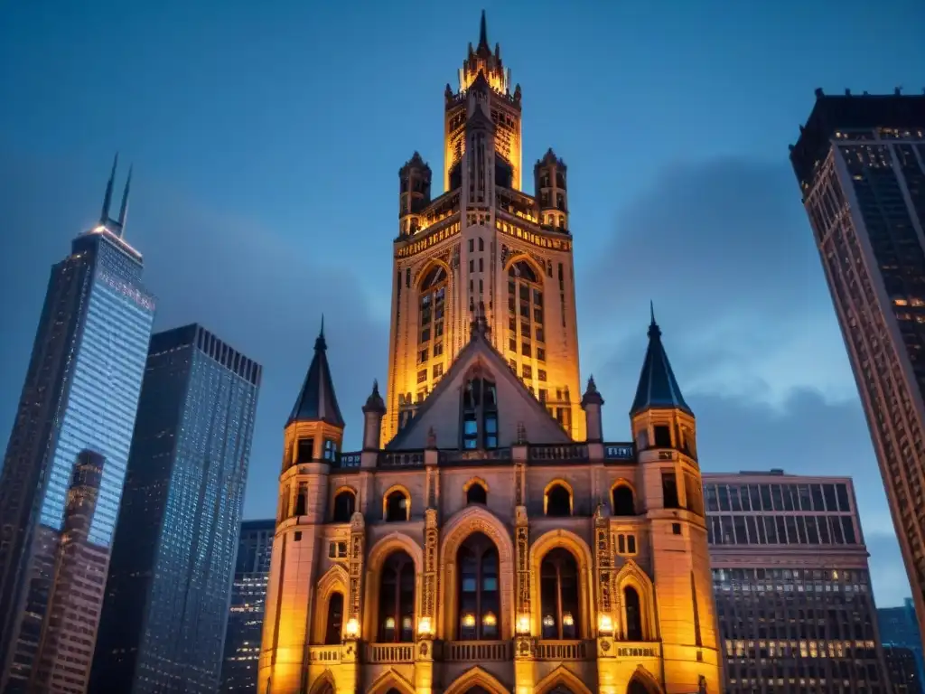 La imponente arquitectura gótica de la Torre Wayne en Chicago, evocando escenas de 'Batman Begins' con detalles detallados al anochecer