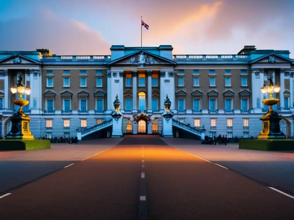 Imponente Buckingham Palace iluminado al anochecer, reflejando la historia de la realeza británica en 'The Crown'