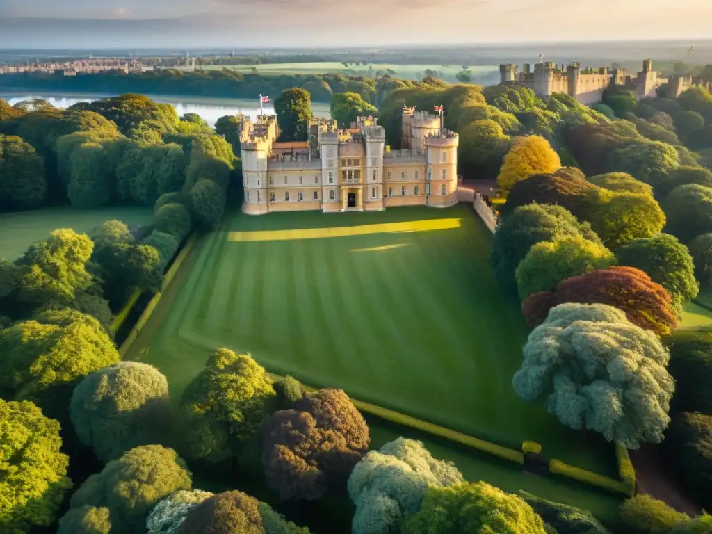 Imponente castillo de Windsor entre vegetación, bañado por la cálida luz dorada del atardecer