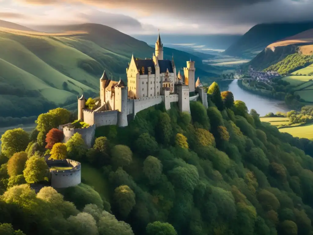 Imponente castillo medieval en acantilado, rodeado de bosque y río, bajo cielo dramático al atardecer