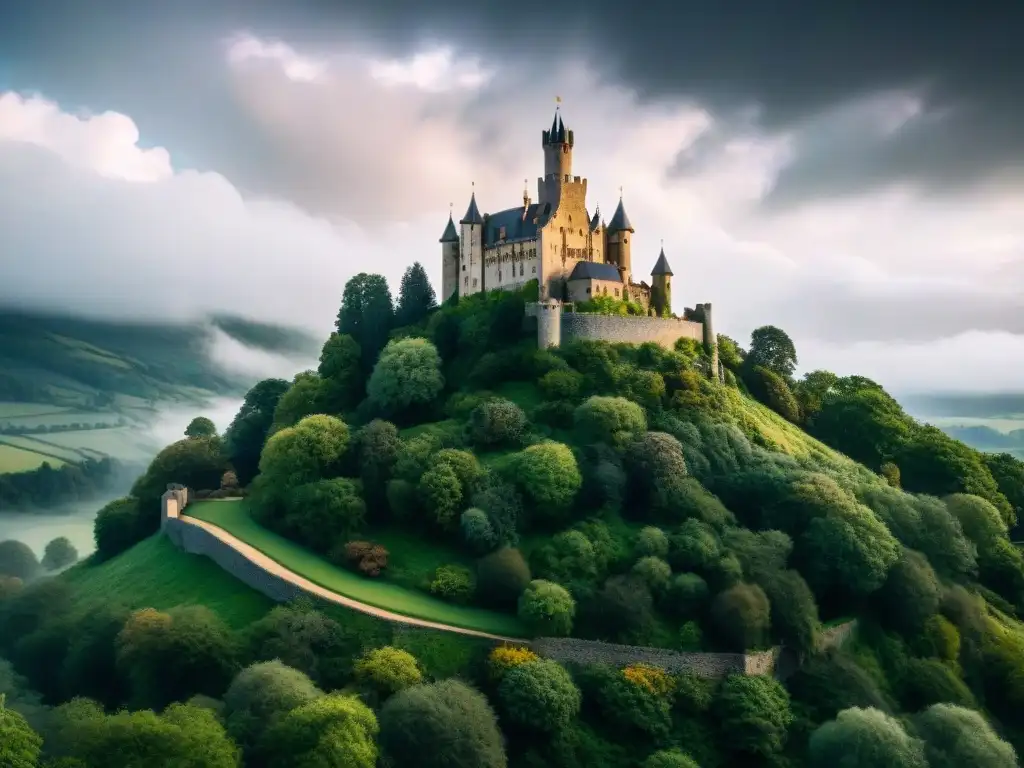 Imponente castillo medieval en colina verde, rodeado de bosque y cielo dramático