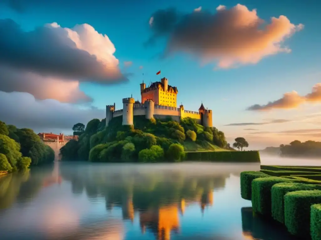 Imponente castillo medieval iluminado por el sol, rodeado de vegetación y un foso de agua cristalina, bajo un cielo dramático