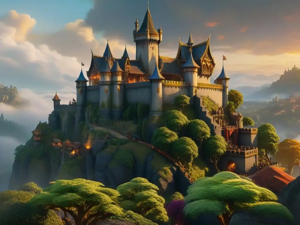 Imponente castillo medieval en el universo de Warcraft, rodeado de exuberante vegetación y un bullicioso pueblo