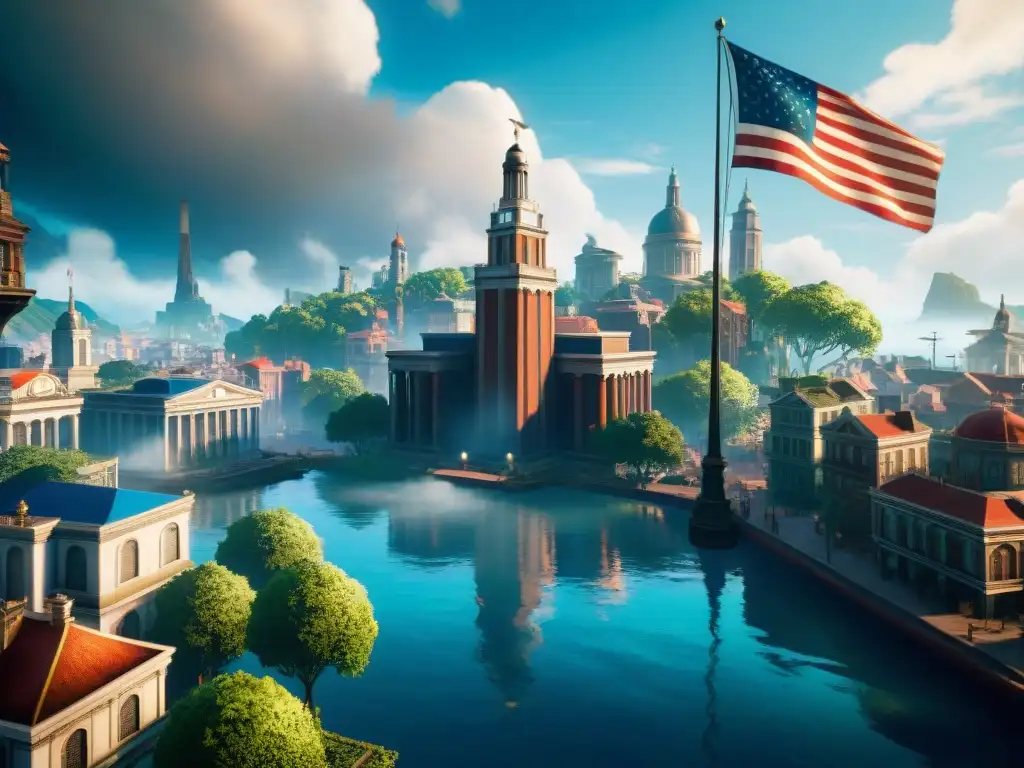 Imponente ciudad flotante de Columbia en Bioshock Infinite, con arquitectura grandiosa y utopías caídas