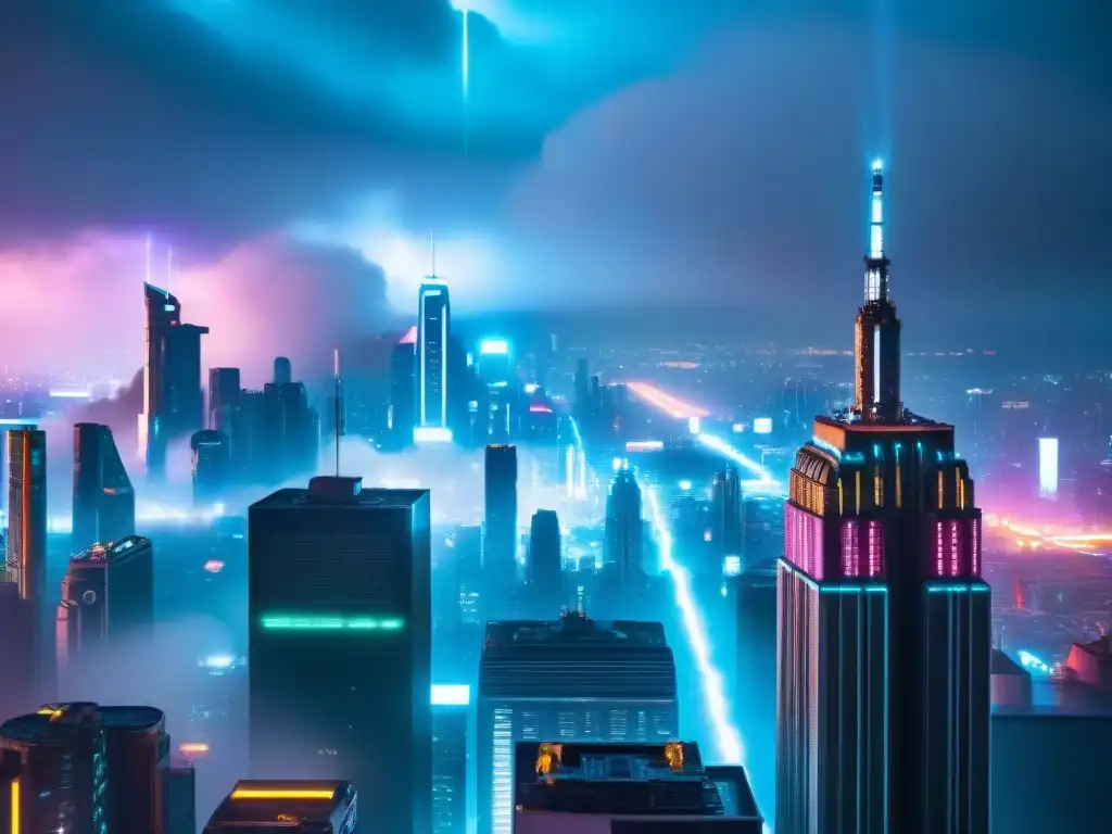 Imponente ciudad futurista de noche con neón y lluvia, evocando el legado estético Blade Runner