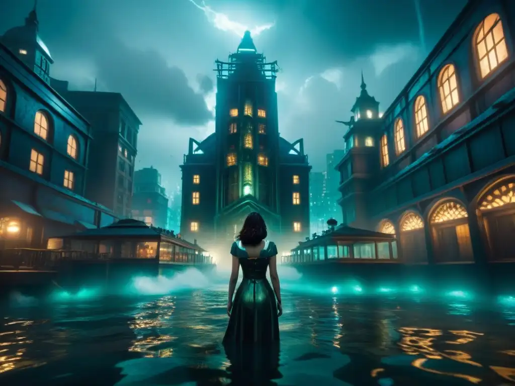 Imponente ciudad sumergida de Rapture en Bioshock, iluminada por destellos de tormenta