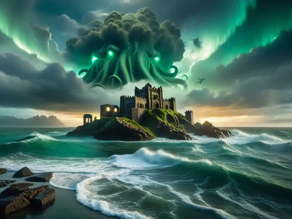 Imponente ciudad sumergida de R'lyeh, enigmática y ominosa, evocando la mitología de Arkham y Cthulhu