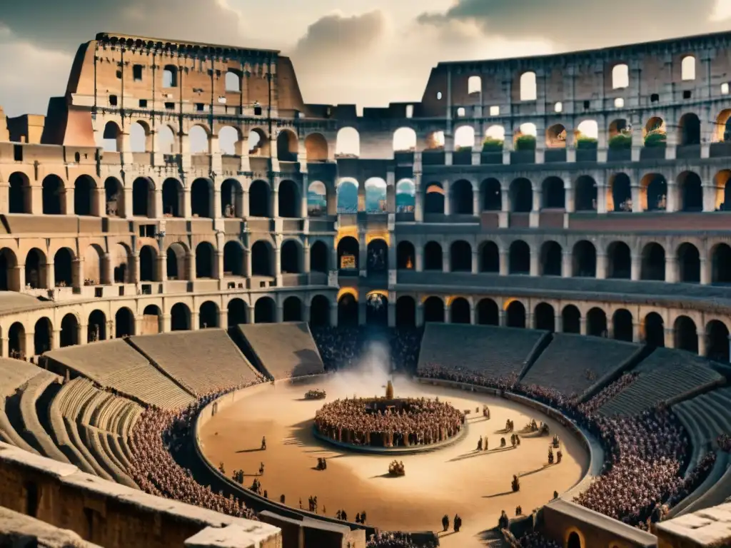 Imponente Coliseo Romano en pleno combate de gladiadores, reflejando el esplendor y la brutalidad del Imperio Romano en la cultura