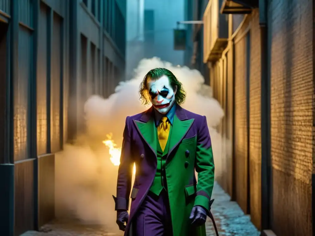 Imponente dualidad entre el Caballero de la Noche y Joker en un callejón oscuro