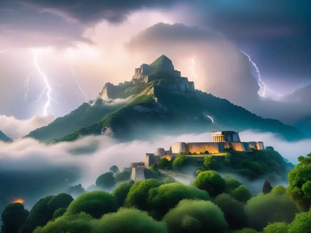 Imponente Montaña Olimpo envuelta en neblina y ruinas antiguas, con relámpagos al fondo, evocando un reino mítico