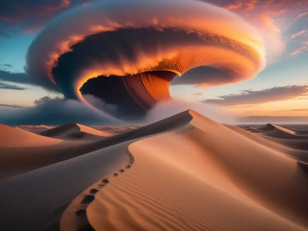 Imponente escena en el planeta Dune con majestuosos gusanos de arena y paisaje desértico al atardecer